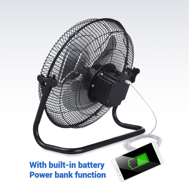 12V ACDC Solar Rechargeable Fan with USB Output Phone Charger