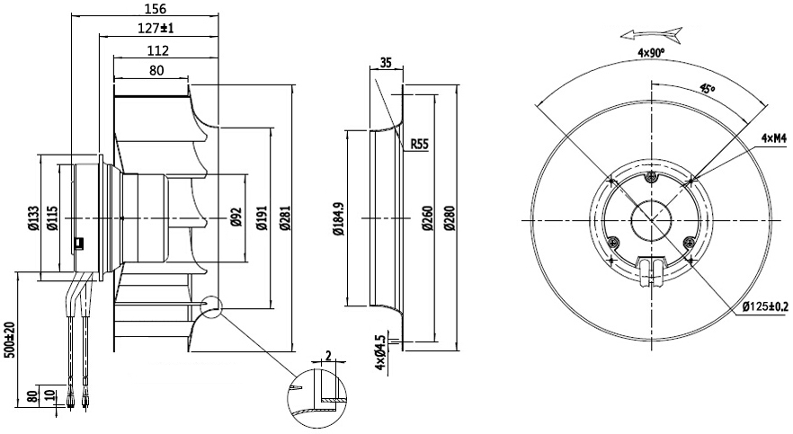 NUSSUN 280mm Steel Impeller High Air Flow With Low Noise Anti Corrosion Ventilation Backward Curved Centrifugal Fan