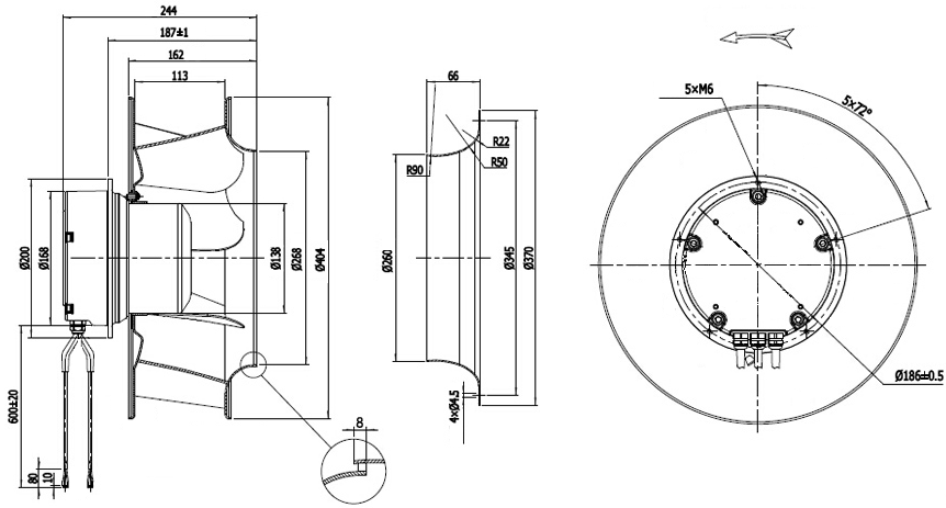 NUSSUN Diameter 400mm Aluminium Alloy Impeller 230v 2824CFM EC Backward Curved Centrifugal Fan